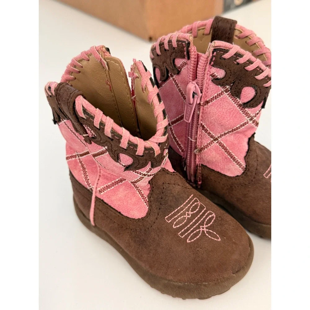 Roper Infant Girls Pink Brown Western Cowboy Boots Size 4 Side Zip Stitching